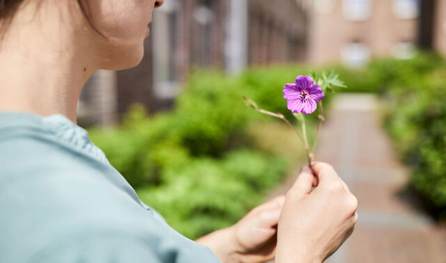 Eine Frau steht draußen vor einem Gebäude auf einem Weg und hält eine einzelne Blume in den Händen vor sich. 