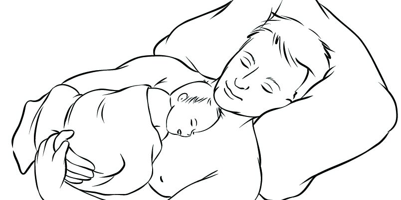 Grafik eines Vaters, der sein Neugeborenes auf der nackten Brust wärmt.