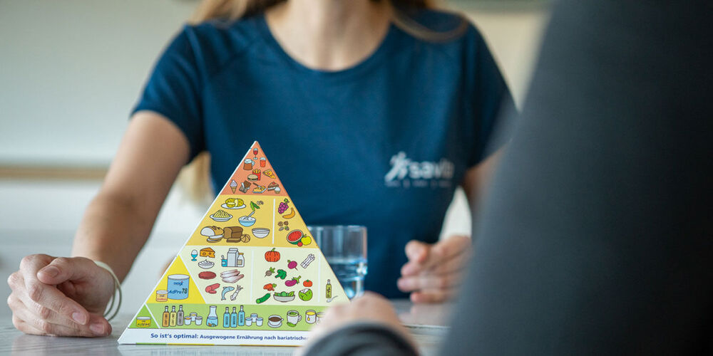 Im Vordergrund ist eine Ernährungspyramide zu sehen. Im Hintergrund befindet sich die Ernährungsberaterin im Gespräch mit einem Patienten.